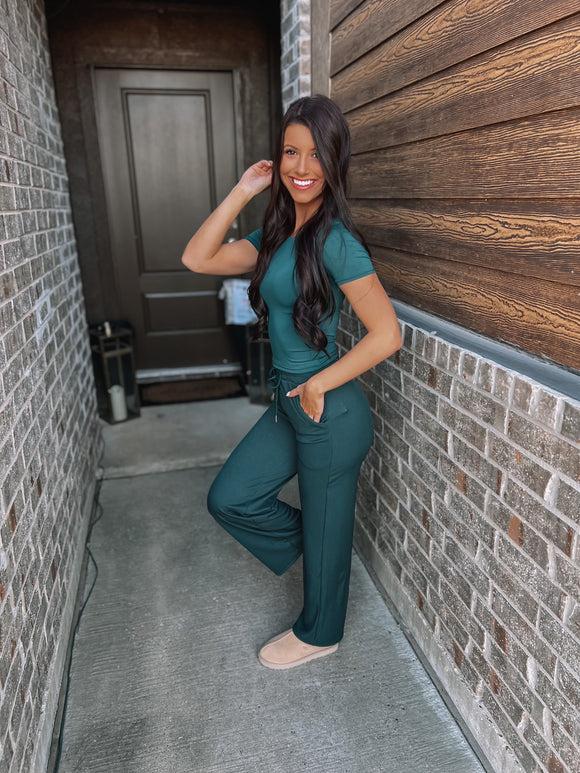 Ribbed Wide Leg Pants - Hunter Green