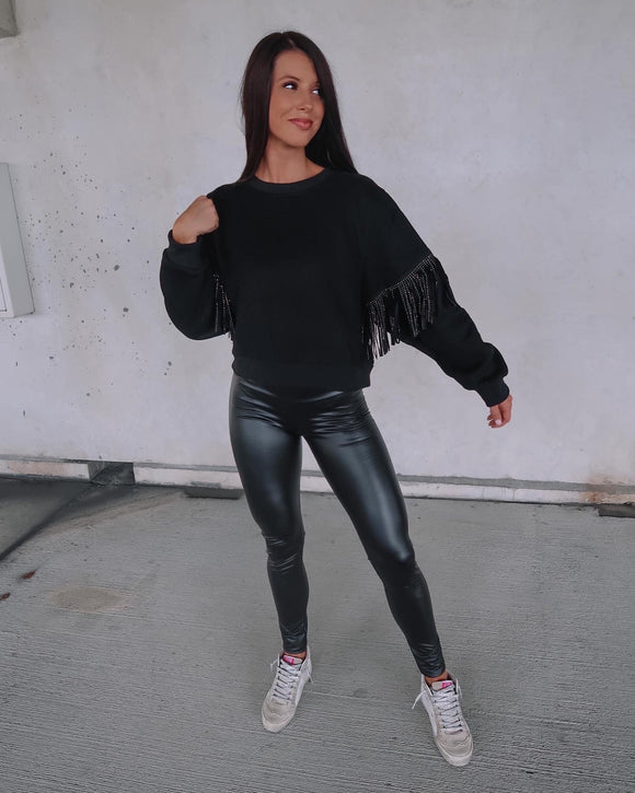 You're A Gem Rhinestone Fringe Sweatshirt - Black